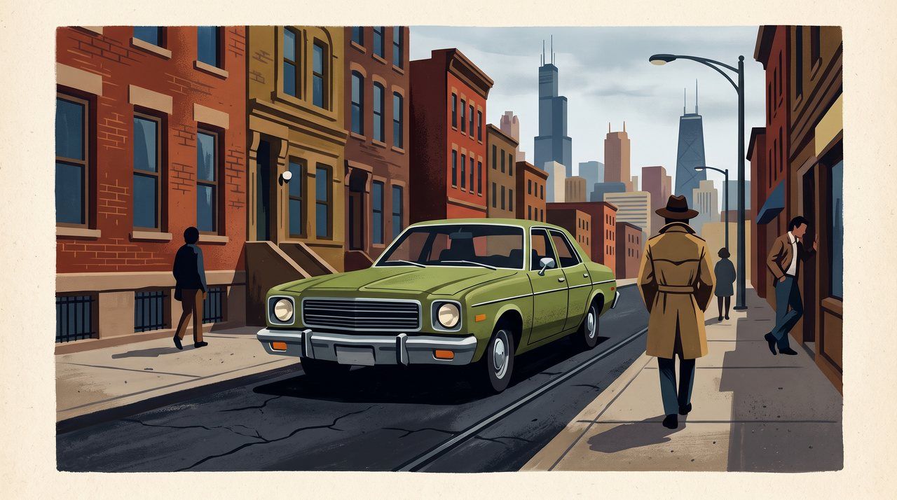AI illustration: An old car parked on a Chicago street, 1970s