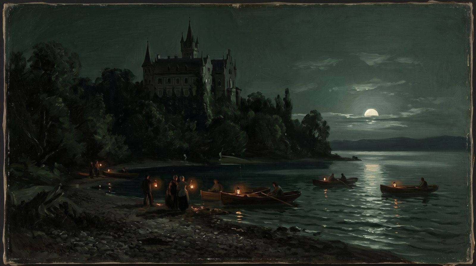 AI illustration: Boats with lanterns search Lake Starnberg below Berg Castle for Ludwig II, 13 June 1886