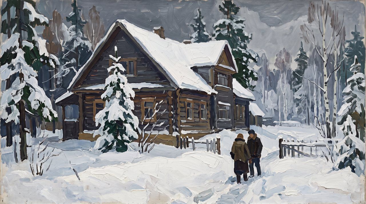 AI illustration: Boris Pasternak's wooden dacha at Peredelkino in snow, 1960