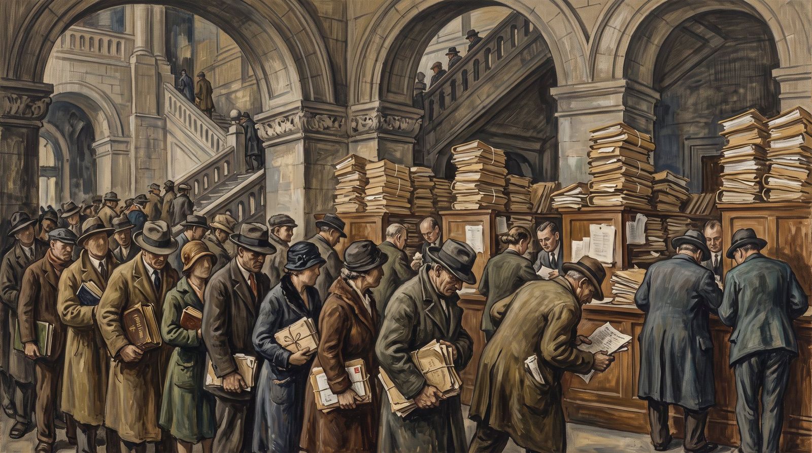 AI illustration: Claimants to the Garrett estate queue to file at Philadelphia City Hall, 1930s