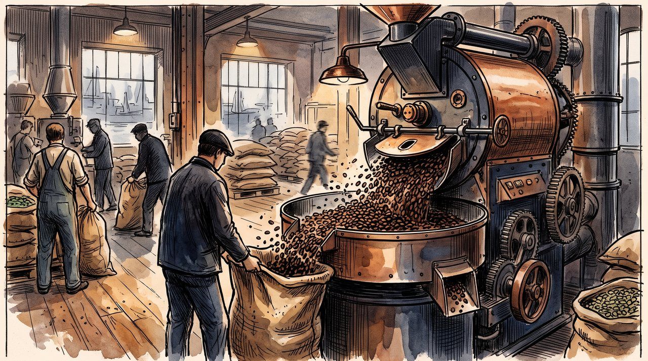AI illustration: Coffee beans pouring from a roaster in a Hamburg roastery, 2001
