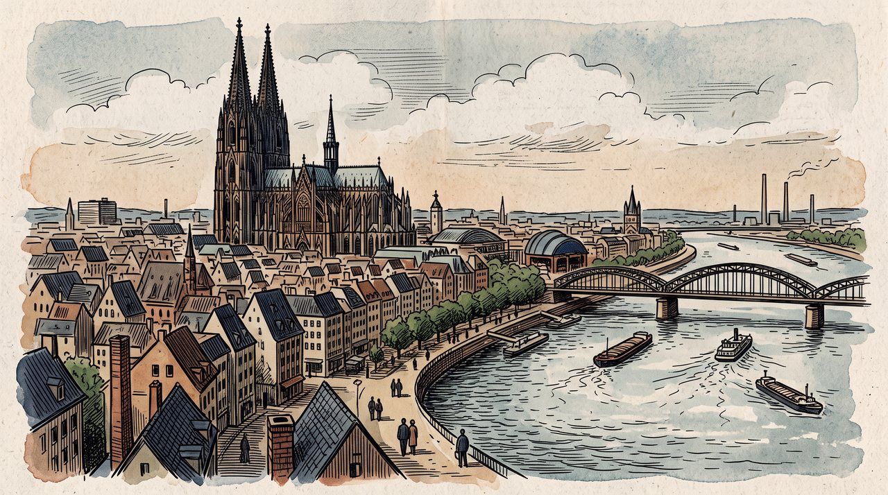 AI illustration: Cologne Cathedral above the old town and the Rhine