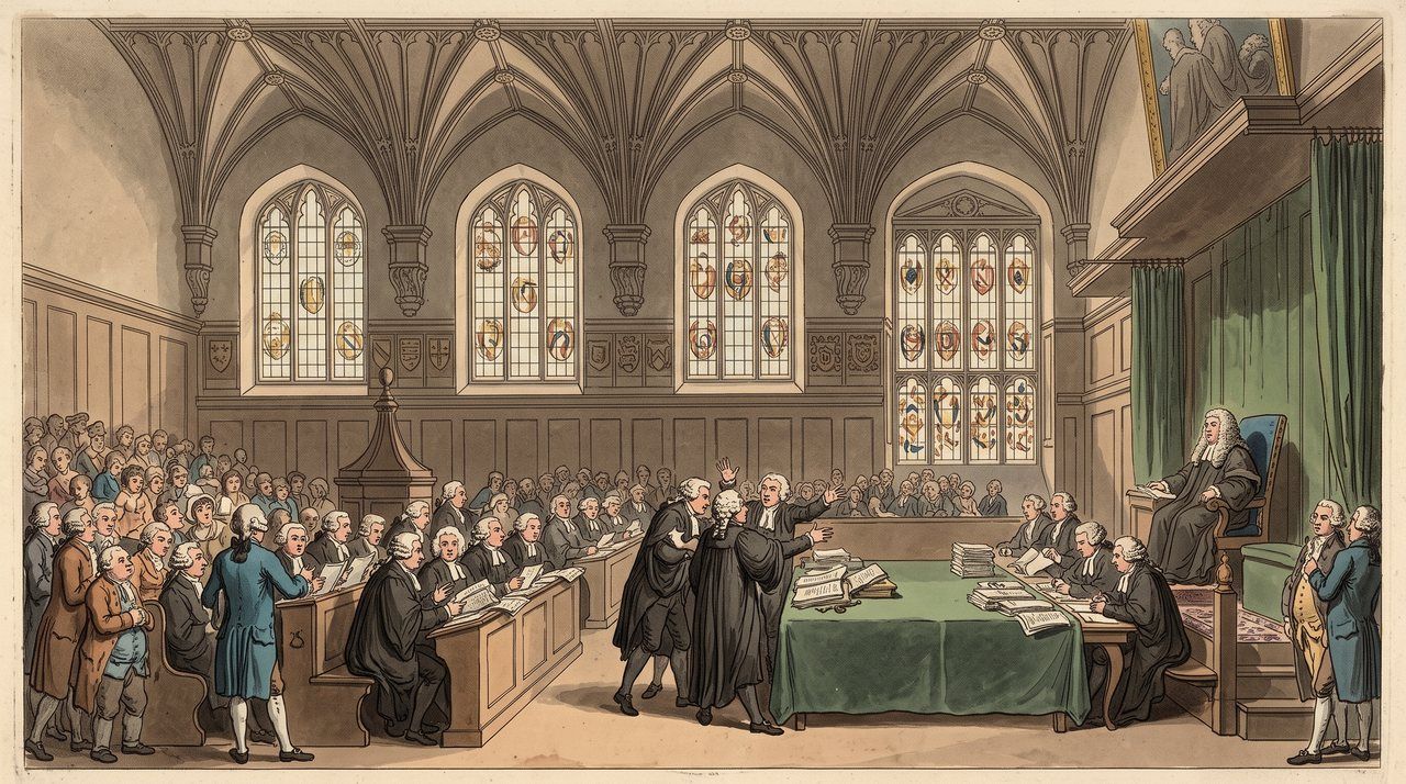 AI illustration: Counsel argue the Thellusson will before the Court of Chancery in Lincoln's Inn Hall, 1799
