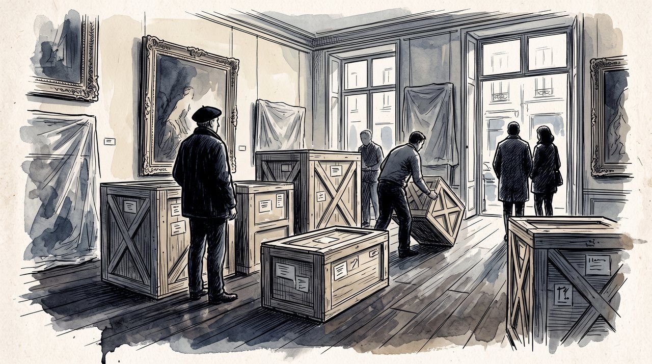 AI illustration: Crated paintings in a Paris art gallery on the Rue La Boétie, 2001
