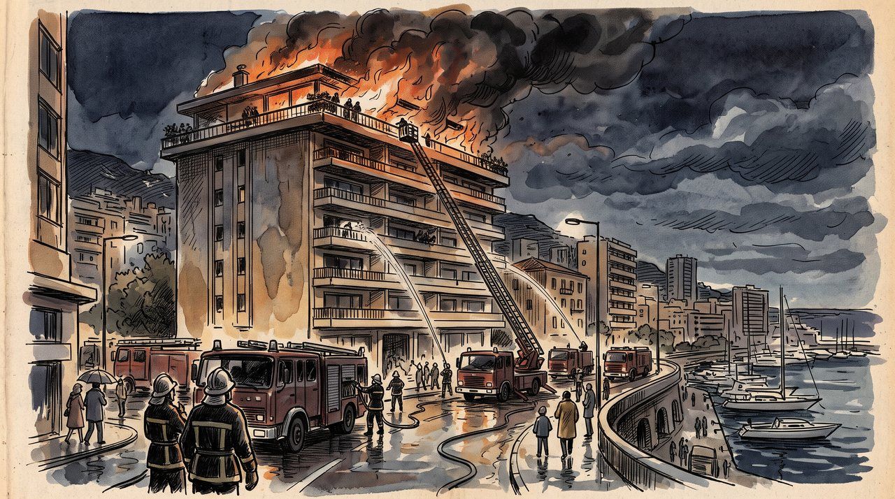 AI illustration: Fire engines below a burning penthouse in Monaco, December 1999