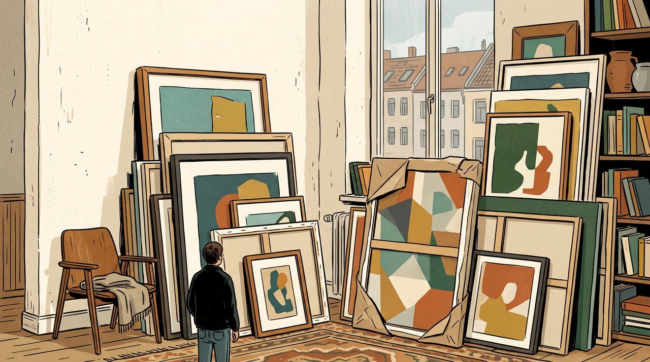 AI illustration: Framed and unframed artworks stacked in a Munich flat, 2012
