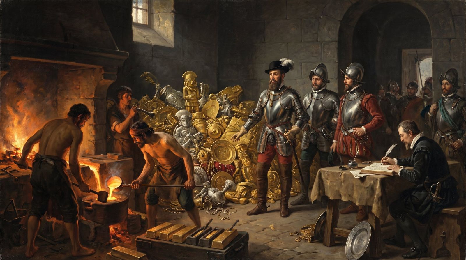 AI illustration: Francisco Pizarro and his brothers watch Atahualpa's ransom melted into ingots at Cajamarca, 1533