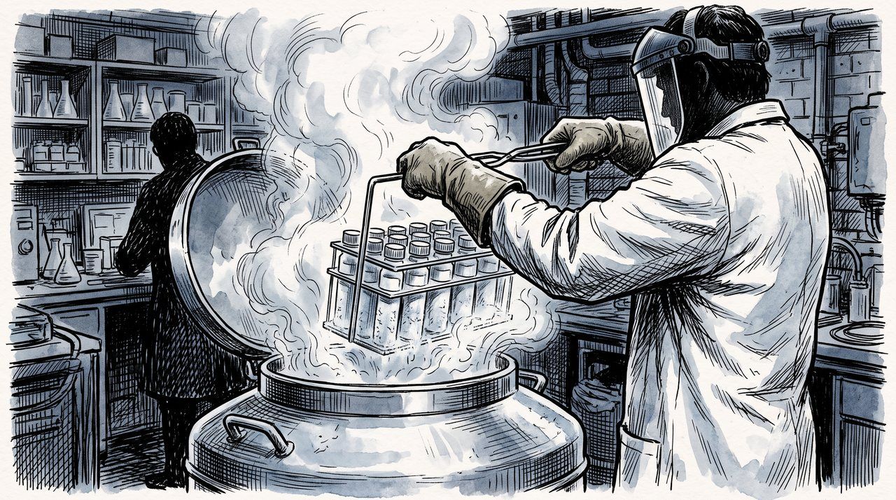 AI illustration: Frozen sample vials lifted in a rack from a steaming liquid-nitrogen tank, early 1990s, unlabelled