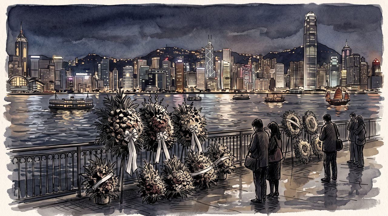 AI illustration: Funeral wreaths beside Victoria Harbour, Hong Kong, at night, 2003