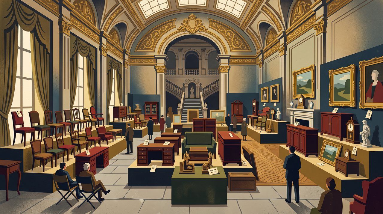 AI illustration: Furniture and paintings laid out for auction inside Mentmore Towers, Buckinghamshire, 1977