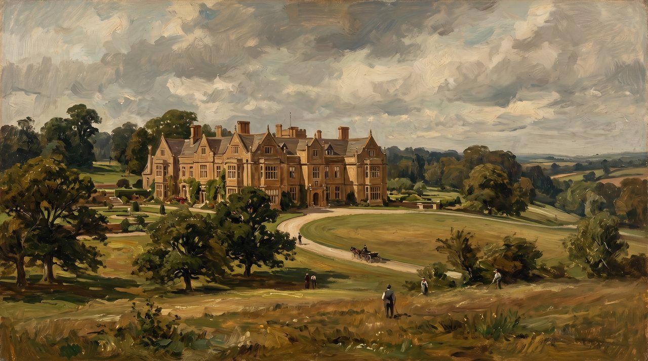 AI illustration: Hinton House, the Poulett seat at Hinton St George, Somerset, 1890s