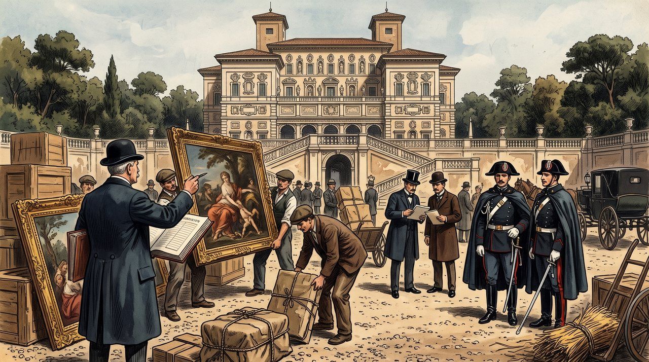 AI illustration: Italian state officials list the Borghese paintings in the Casino Borghese, Rome, 1902