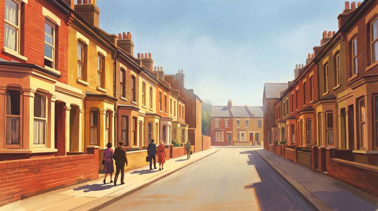 AI illustration: Ives Street in Chelsea, London, brick terraces on a summer afternoon, 1987