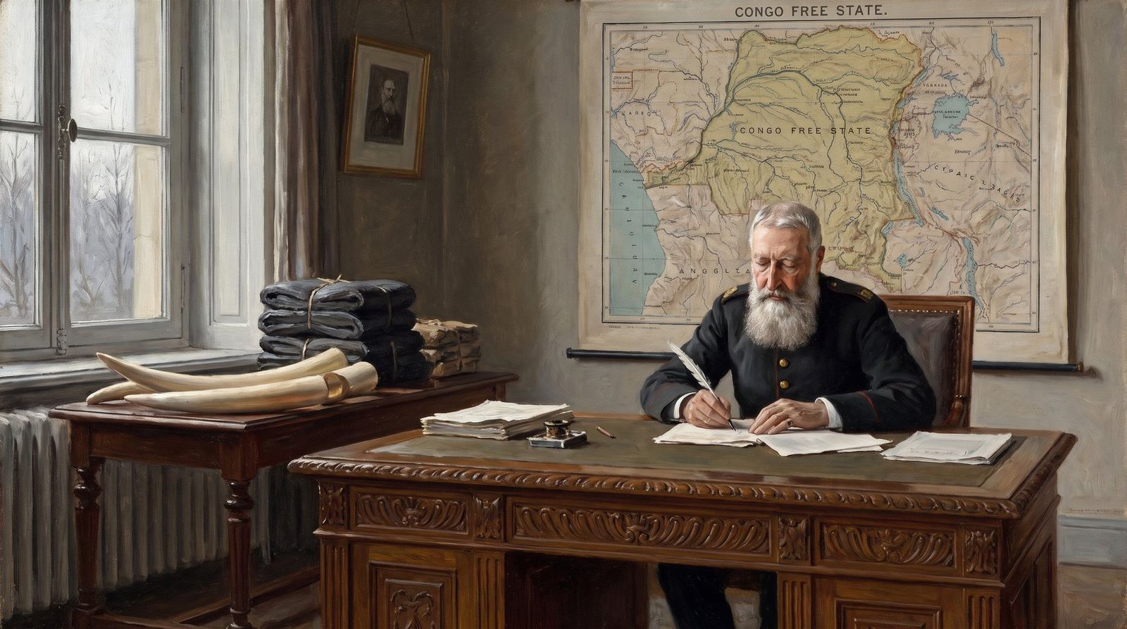 AI illustration: King Leopold II signs papers in his study under a map of the Congo Free State