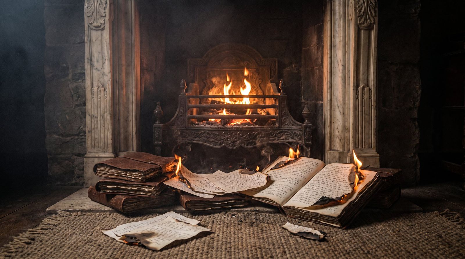 AI illustration: Letters, diaries and a manuscript burning in a fireplace