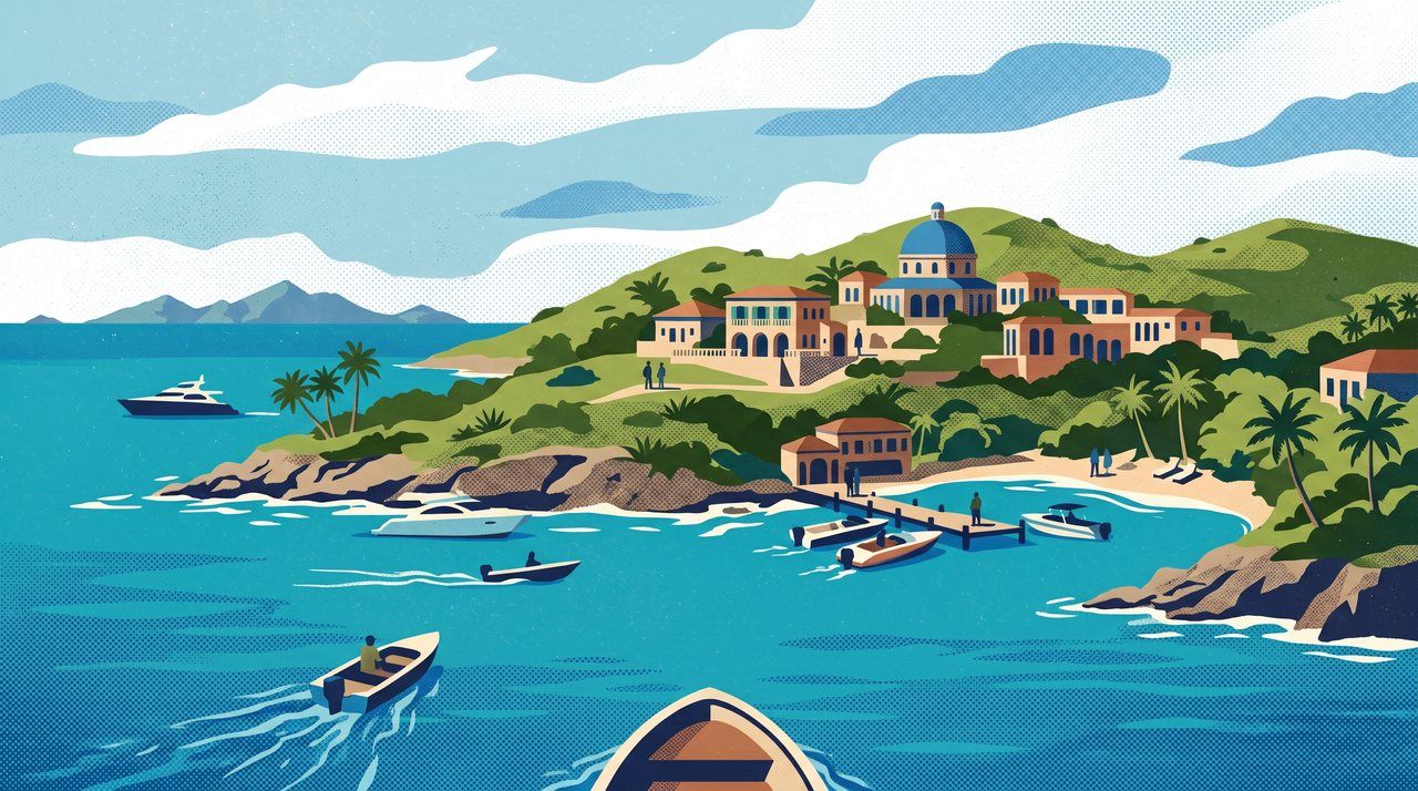 AI illustration: Little St. James island in the US Virgin Islands seen from the water, 2019