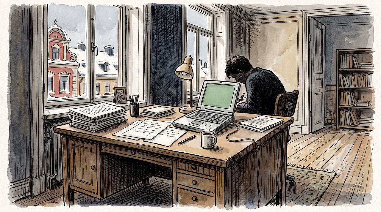 AI illustration: Manuscripts and a laptop on a desk in a Stockholm flat, 2004