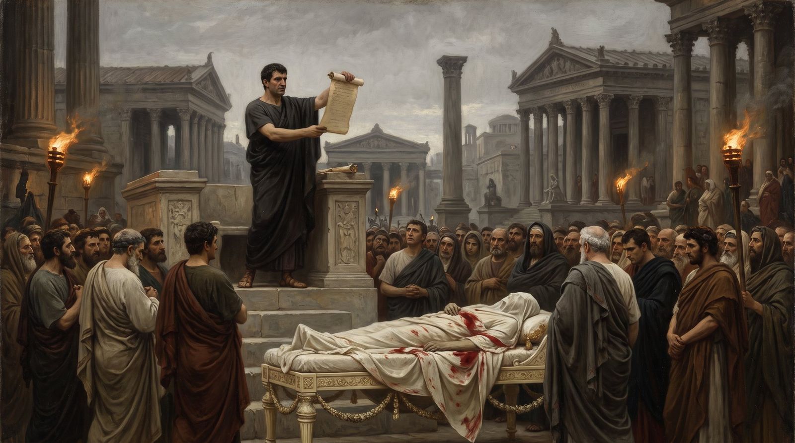 AI illustration: Mark Antony reads Julius Caesar's will to the crowd in the Roman Forum, 44 BC