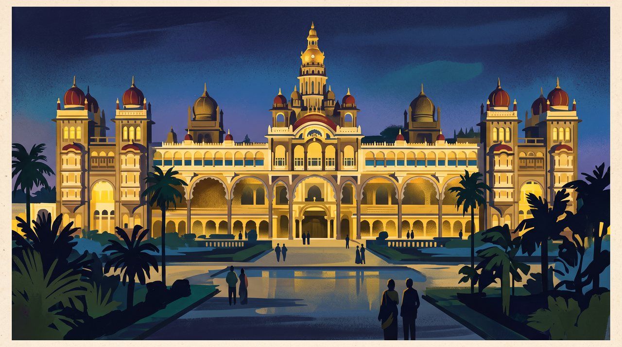 AI illustration: Mysore Palace lit up at night, Mysuru