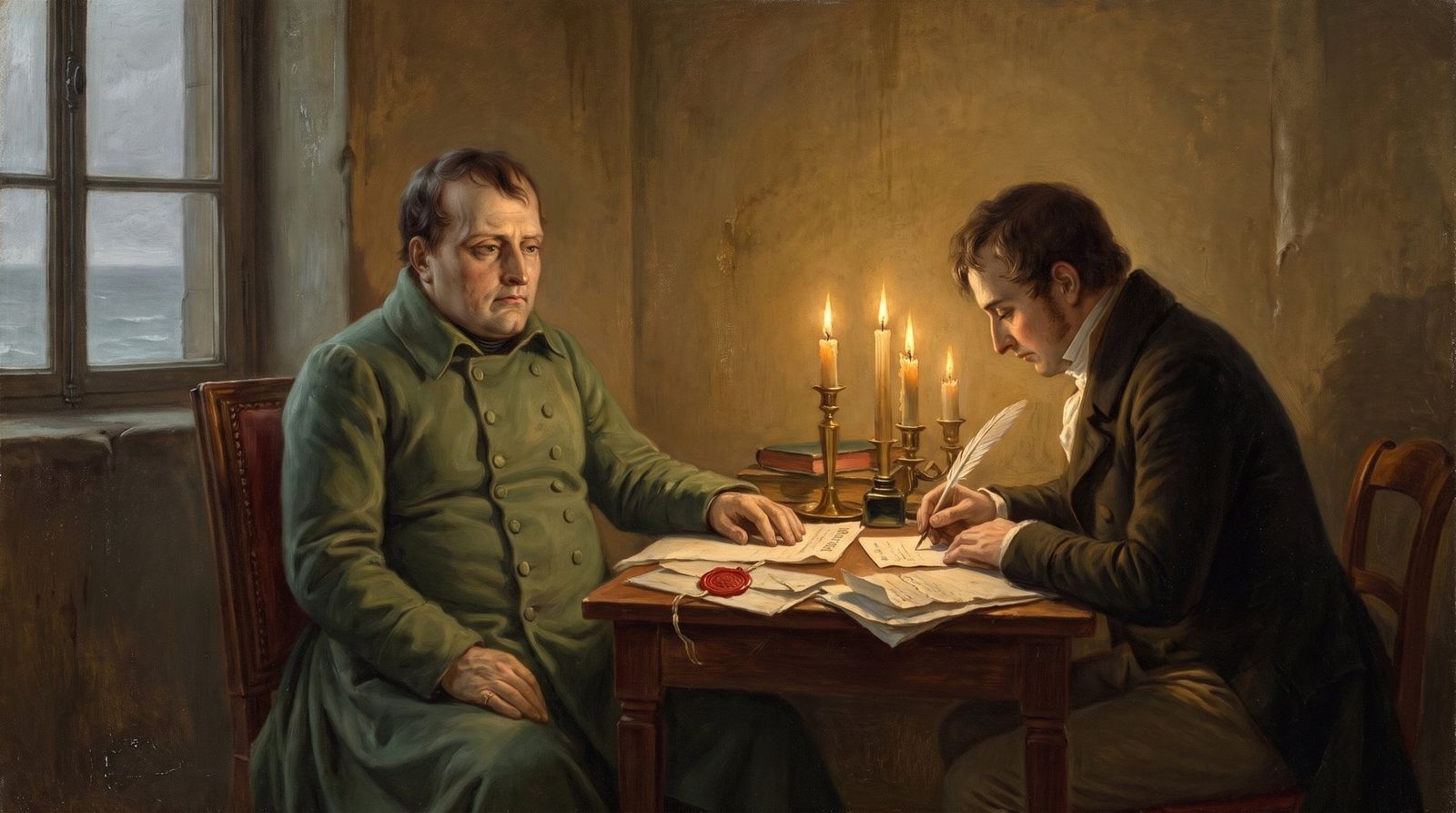 AI illustration: Napoleon dictates his will at Longwood House, Saint Helena, 1821