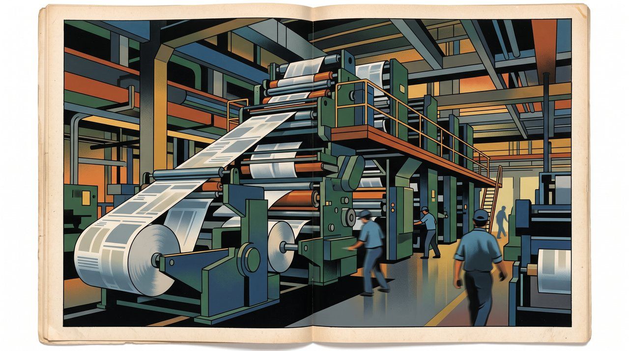 AI illustration: Newspaper presses running in Louisville, Kentucky, 1986