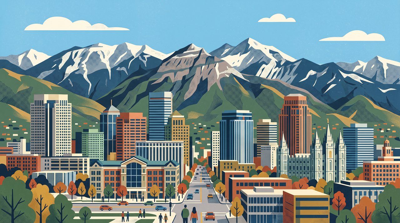 AI illustration: Office towers in Salt Lake City below the Wasatch mountains