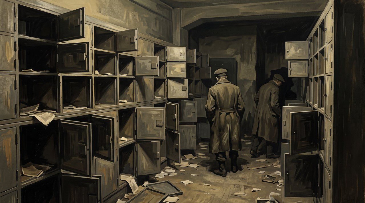 AI illustration: Opened and emptied safe-deposit boxes in a Budapest bank vault, 1945