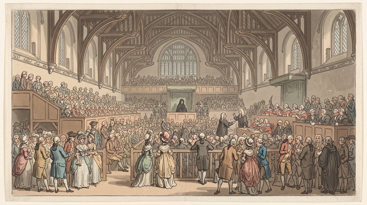 AI illustration: Peers in Westminster Hall at the bigamy trial of the Duchess of Kingston, 1776