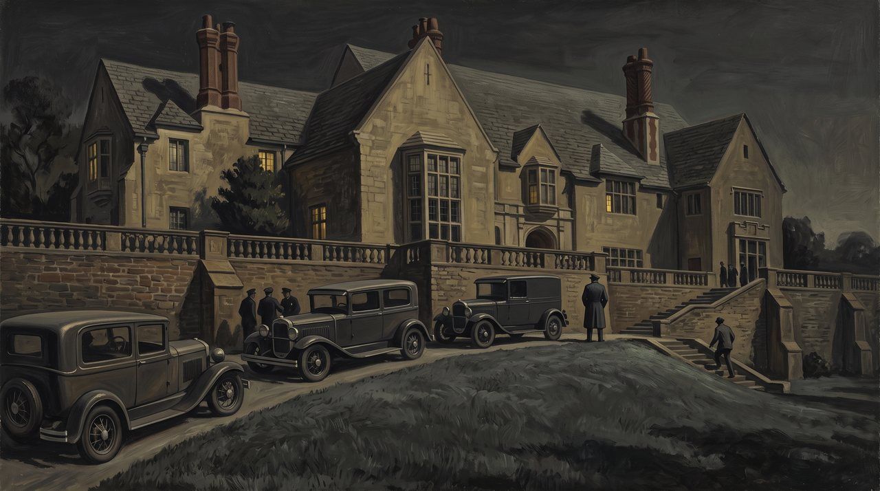 AI illustration: Police cars at night outside Greystone, the Doheny mansion in Beverly Hills, February 1929
