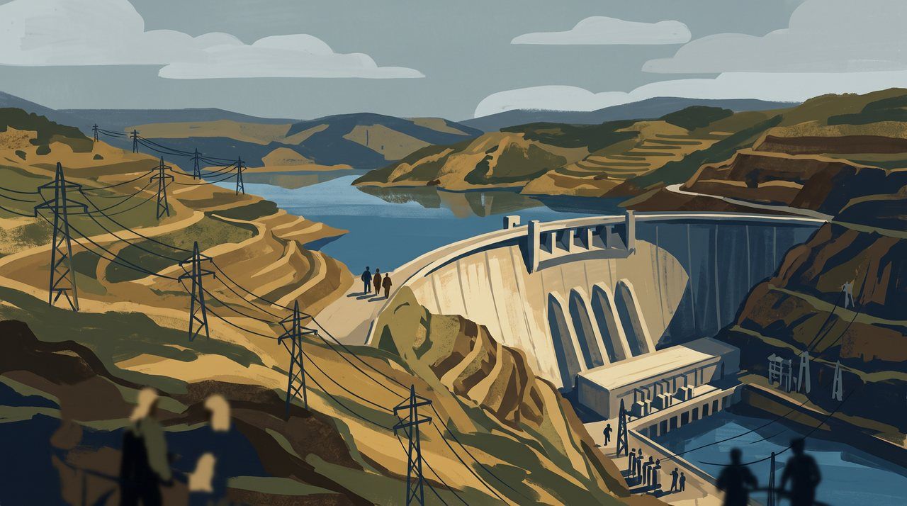 AI illustration: Power lines and a hydroelectric dam of the Catalan power network, 1950s