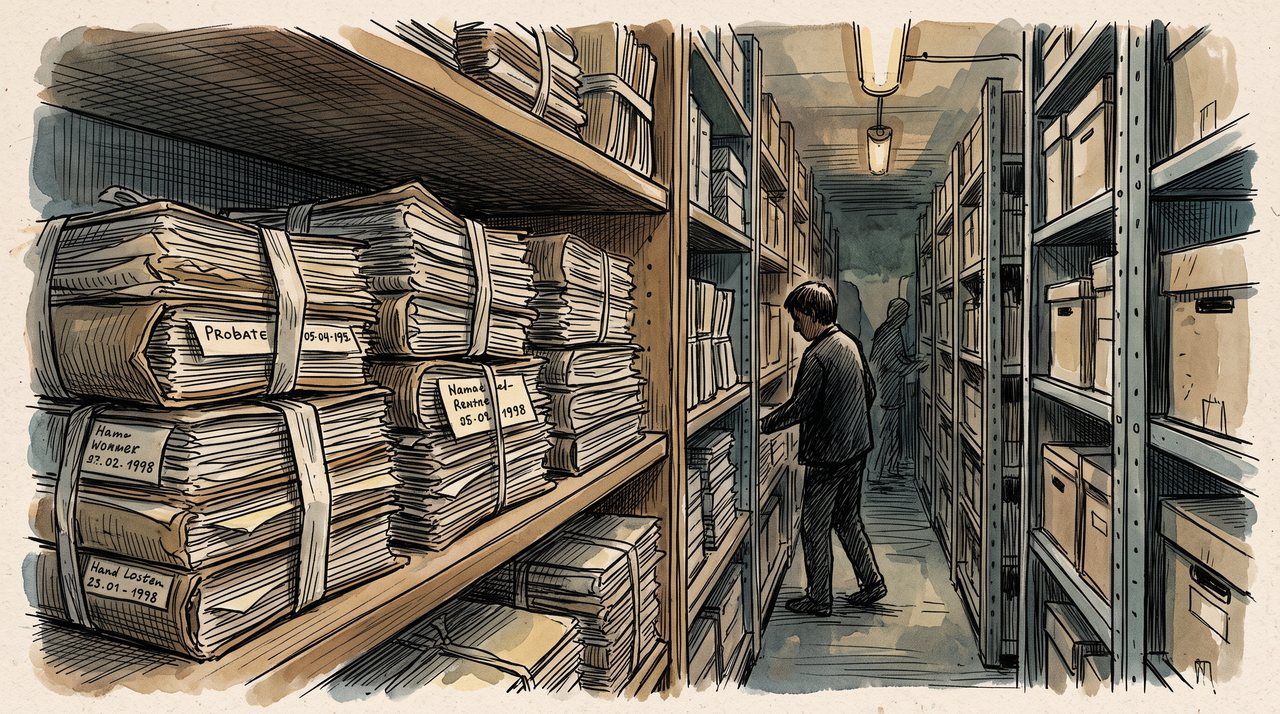 AI illustration: Probate files tied with tape on a shelf in a Saarland district court, 1998