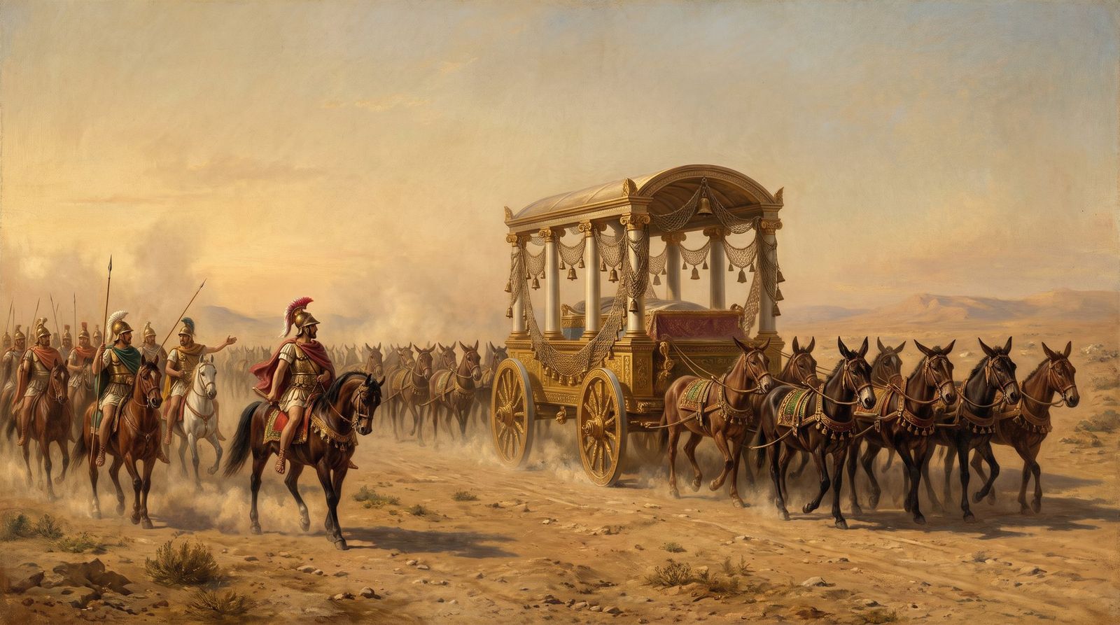 AI illustration: Ptolemy's cavalry turn Alexander the Great's funeral carriage toward Egypt, 321 BC