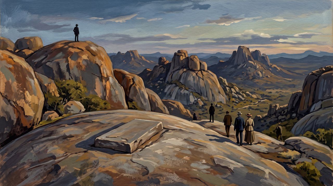 AI illustration: Rhodes's grave on the granite dome of World's View in the Matopos hills, 1902