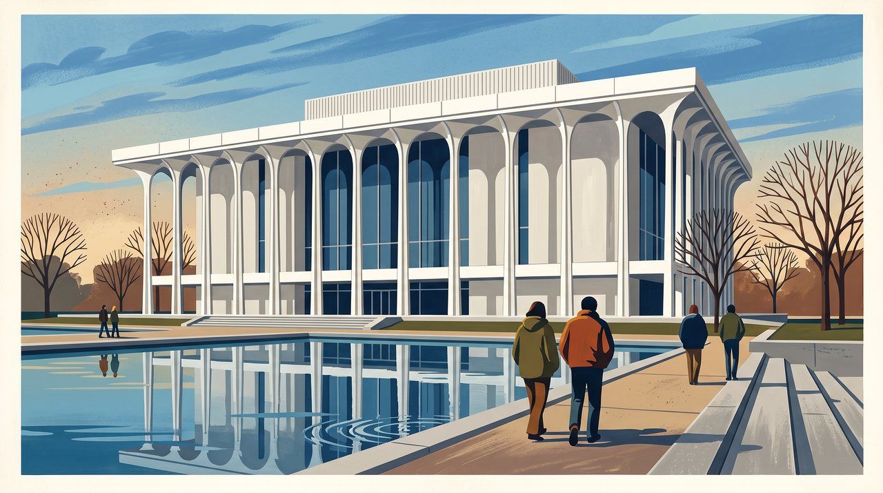 AI illustration: Robertson Hall at Princeton University, Minoru Yamasaki's white building ringed by tall slender white columns above a reflecting pool