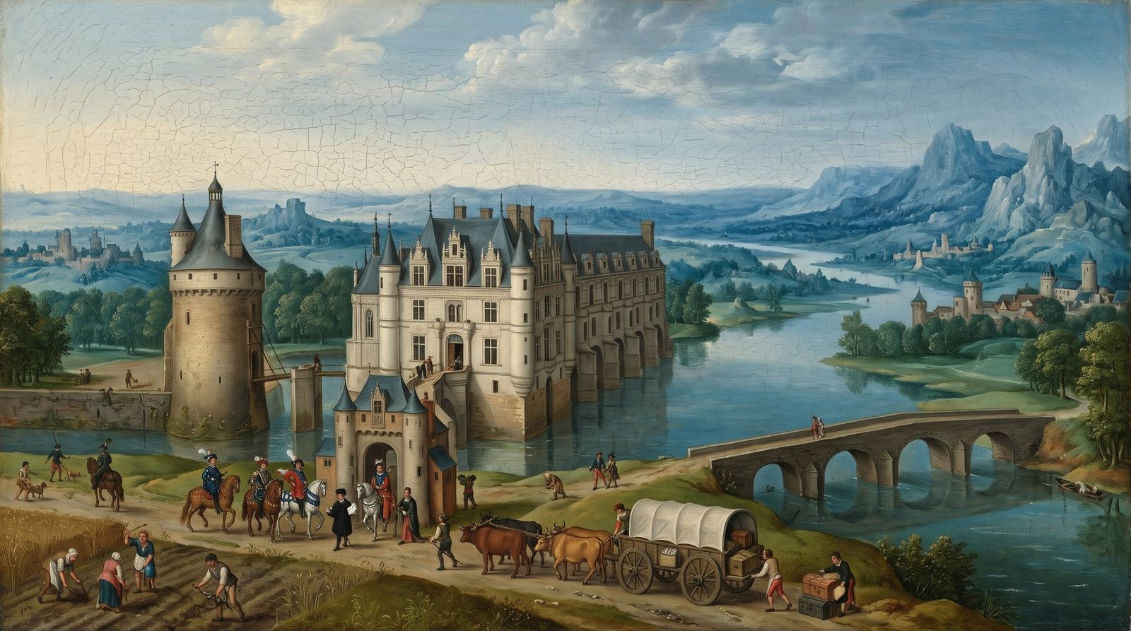 AI illustration: Royal officers arrive at the Château de Chenonceau with a deed to take it back for the crown, 1559
