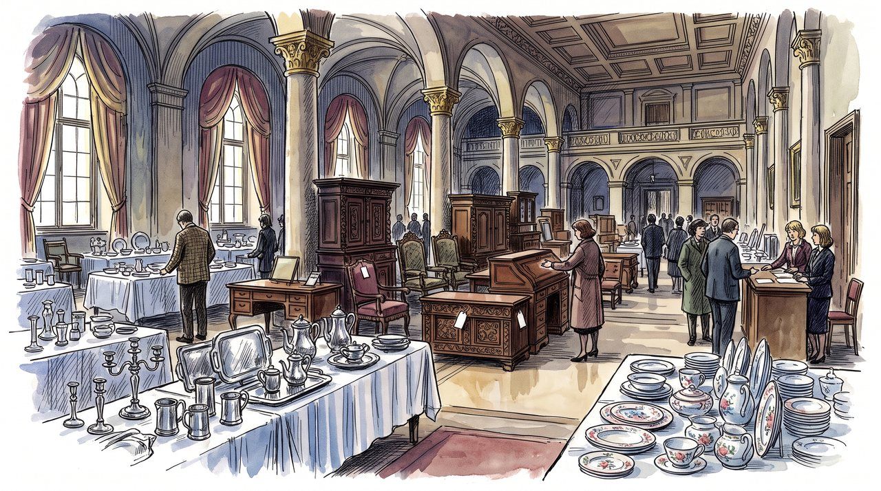 AI illustration: Silver, porcelain and furniture laid out for auction in a palace hall at St. Emmeram, Regensburg, 1993, full-bleed picture with no border or page