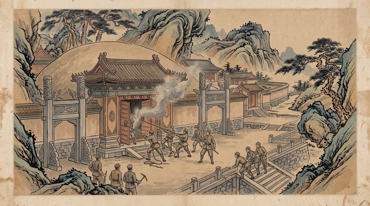 AI illustration: Soldiers blast open the Qing imperial tombs at the Eastern Qing Tombs, 1928
