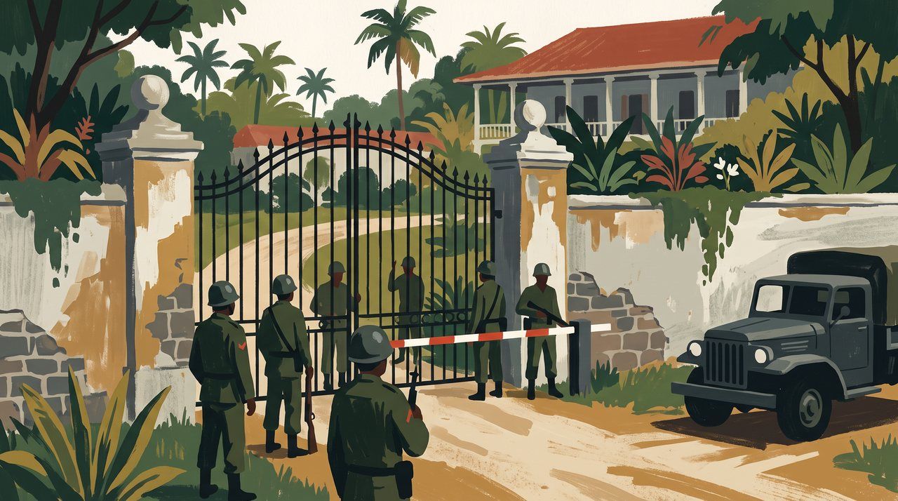 AI illustration: Soldiers guard the gates of a confiscated Trujillo family estate, Dominican Republic, 1962