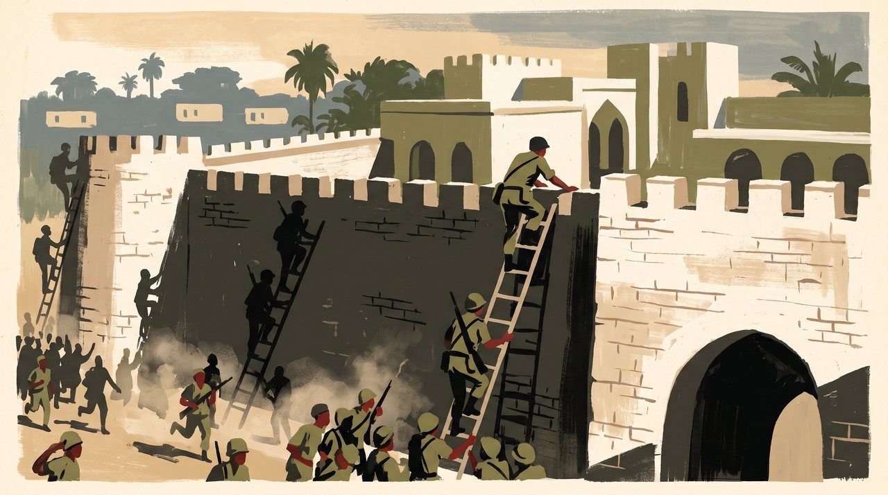 AI illustration: Soldiers storm the Lubiri palace walls in Mengo, Kampala, 1966