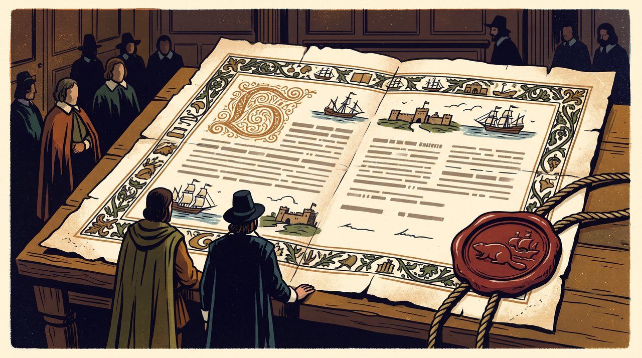 AI illustration: The 1670 Hudson's Bay Company charter on parchment with its wax seal