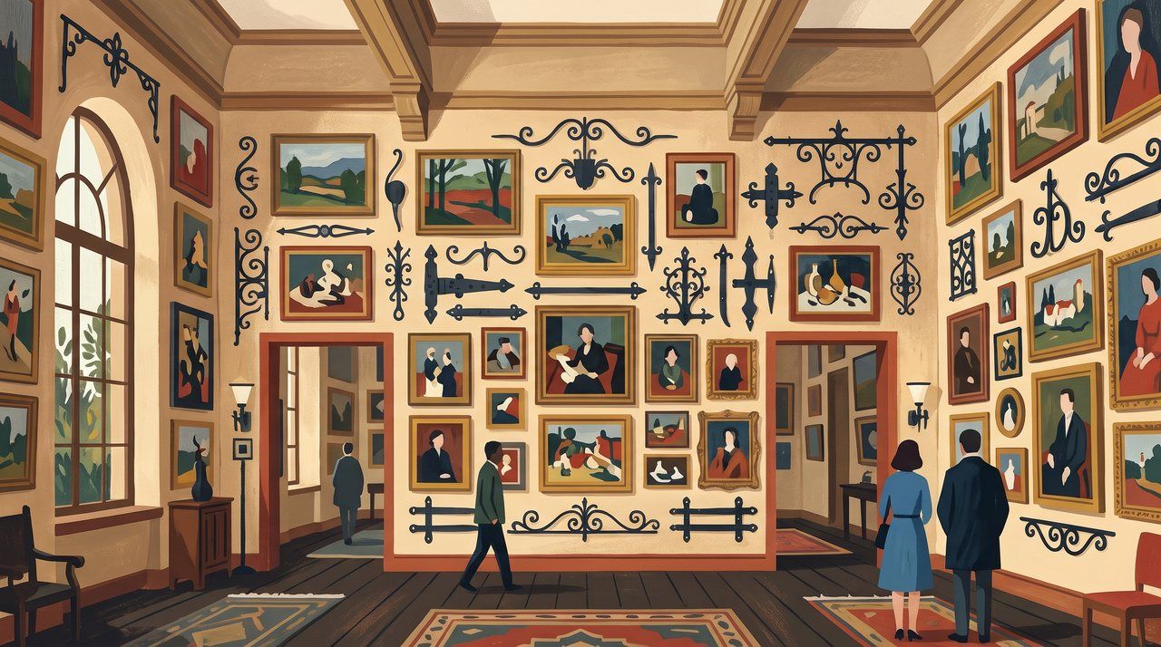 AI illustration: The Barnes Foundation gallery at Merion, Pennsylvania, its walls hung densely with paintings and ironwork