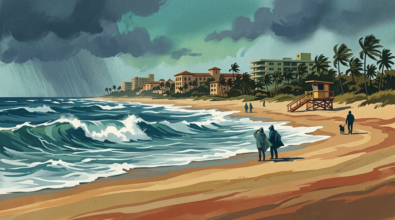 AI illustration: The beach at Golden Beach, Florida, on a rough day, 1979