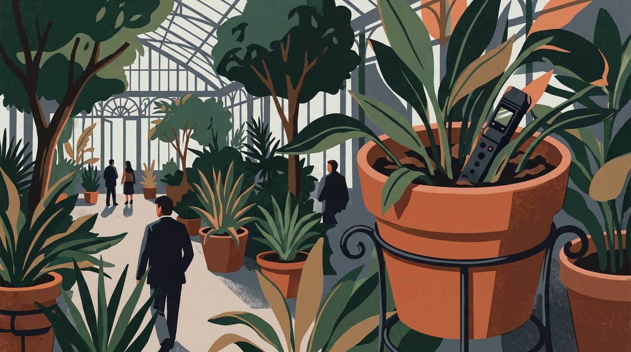 AI illustration: The conservatory of a London hotel, a recorder hidden in a plant pot