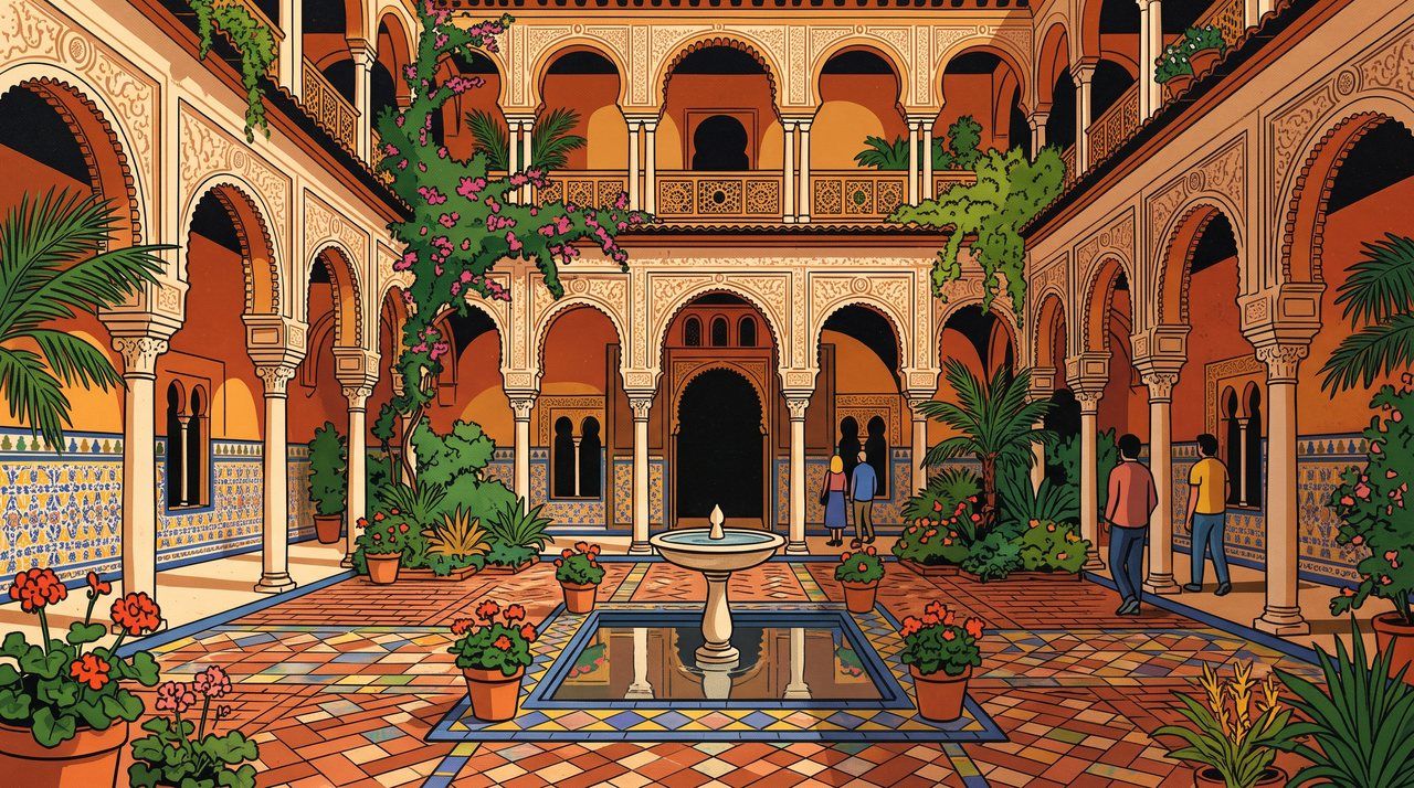 AI illustration: The courtyard of the Palacio de las Dueñas, Seville