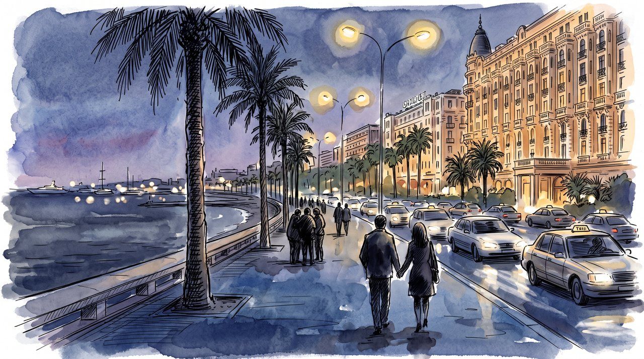 AI illustration: The Croisette at Cannes at night, 2004
