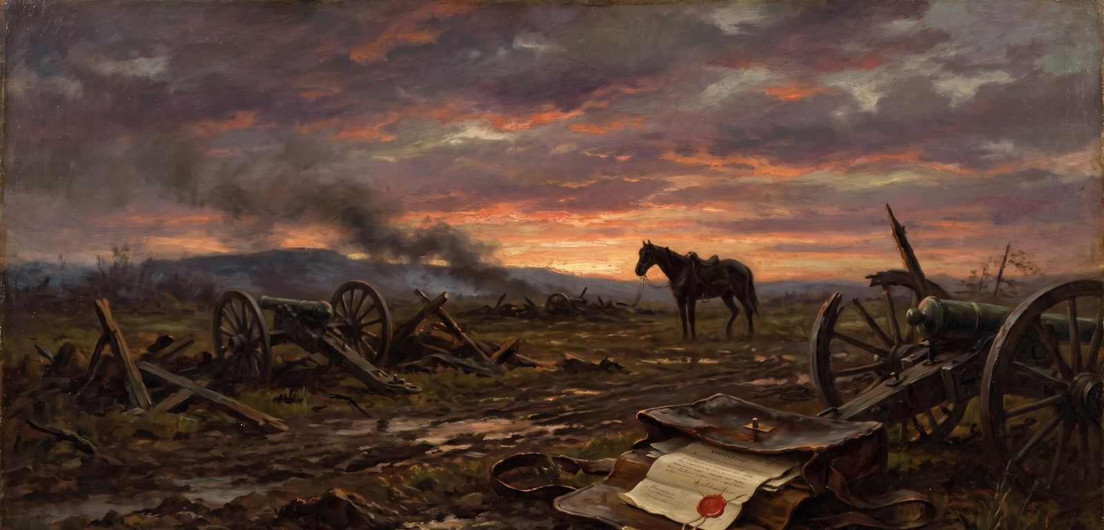 AI illustration: The field after the Battle of Waterloo, 1815, a land grant spilling from a dispatch case
