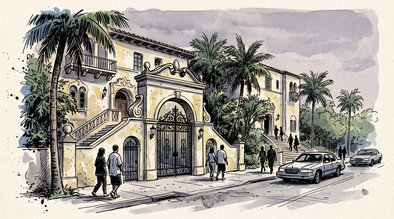 AI illustration: The front steps and iron gate of Casa Casuarina on Ocean Drive, Miami Beach, 1997