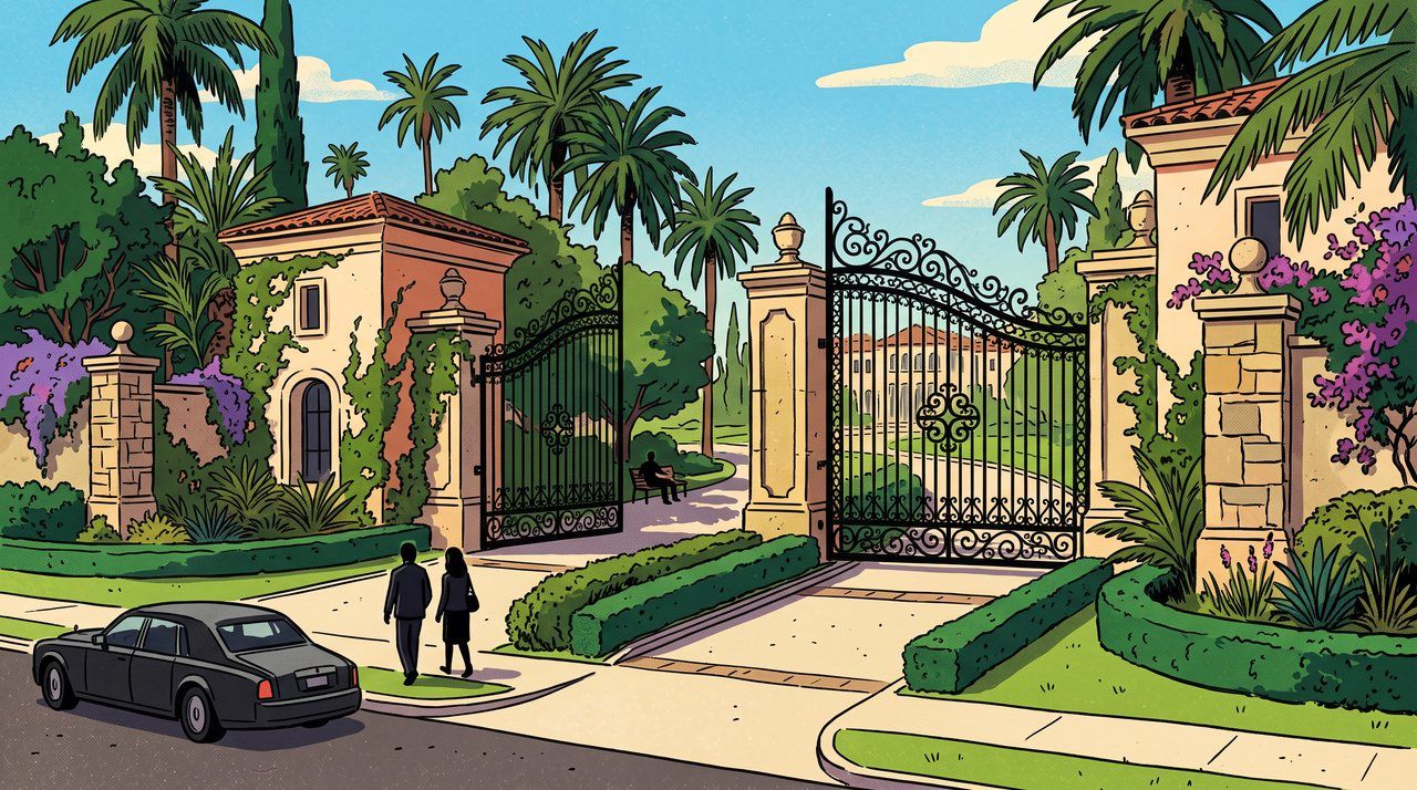 AI illustration: The gates of a Beverly Hills estate, 2015