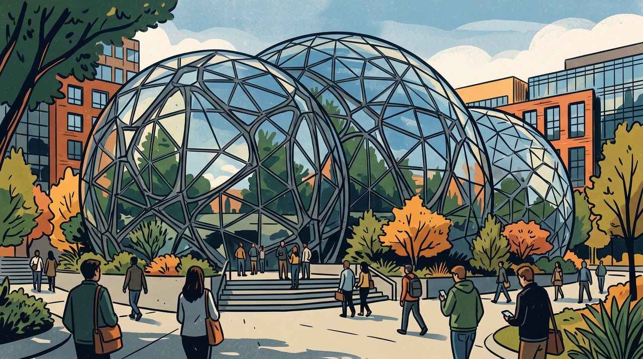 AI illustration: The glass spheres of a Seattle office campus, 2019