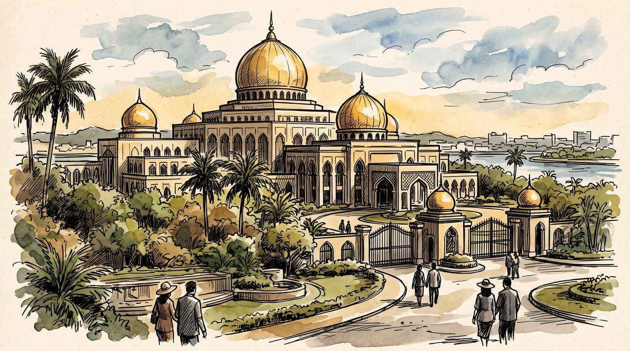 AI illustration: The golden domes of the Istana Nurul Iman palace, Bandar Seri Begawan, Brunei